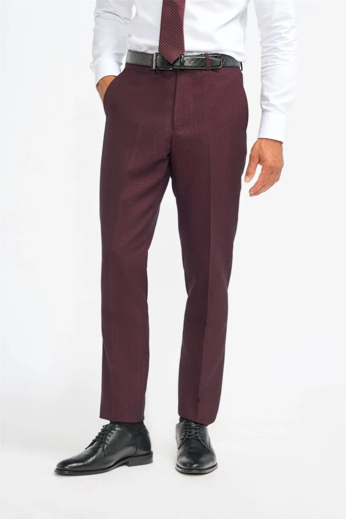 Men's Suit Burgundy 3 Piece Checked Tailored Fit Formal Dress
