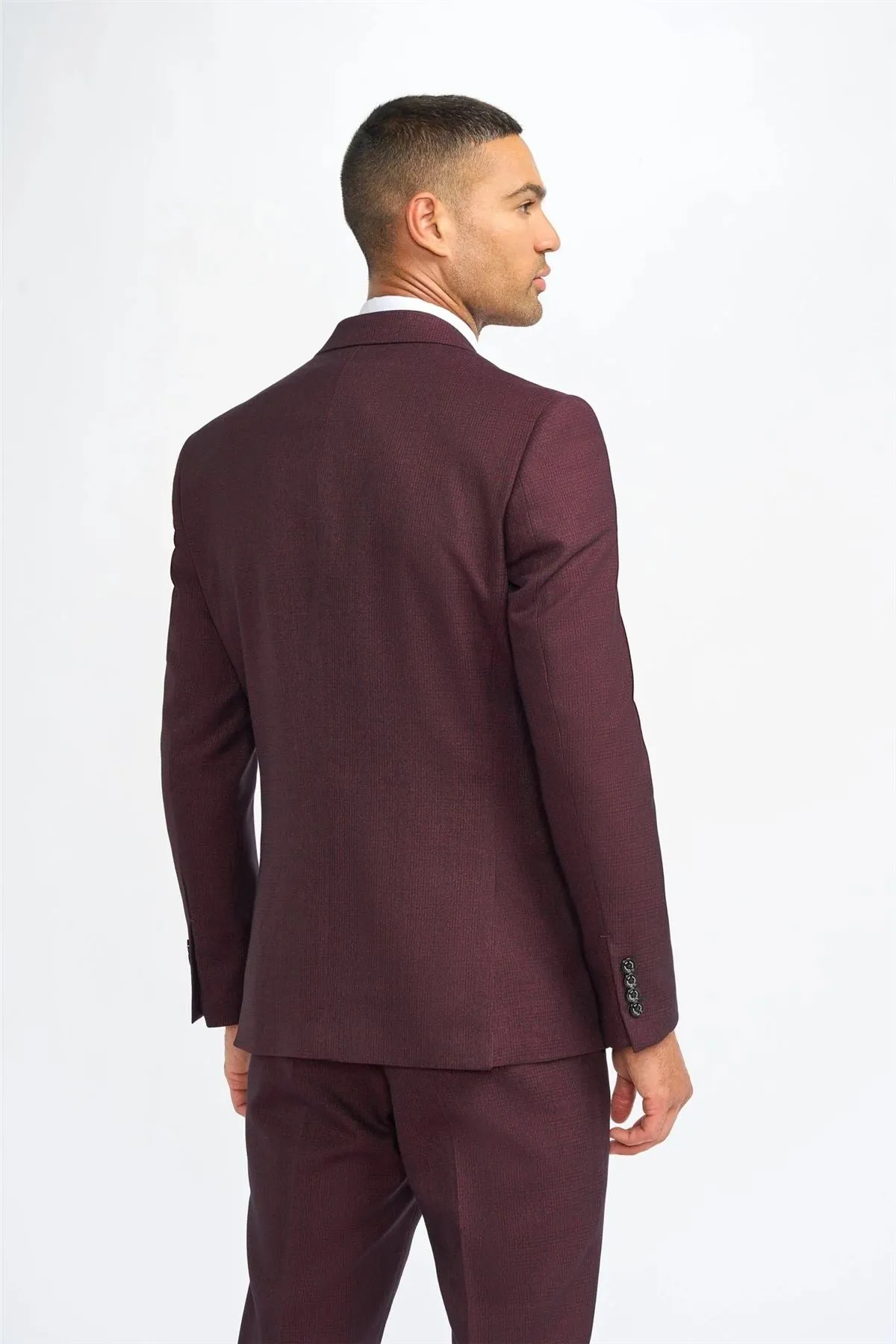 Men's Suit Burgundy 3 Piece Checked Tailored Fit Formal Dress