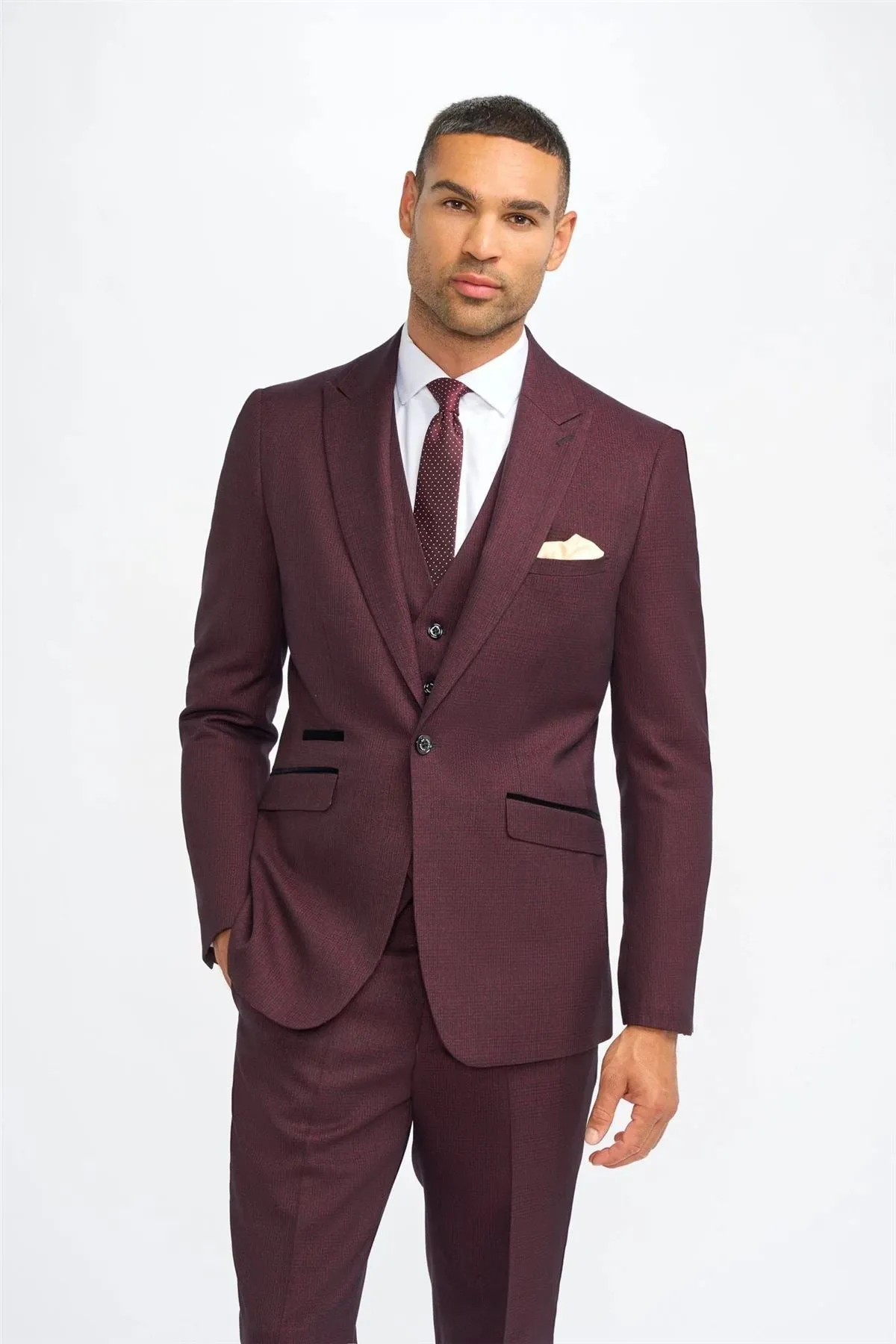 Men's Suit Burgundy 3 Piece Checked Tailored Fit Formal Dress