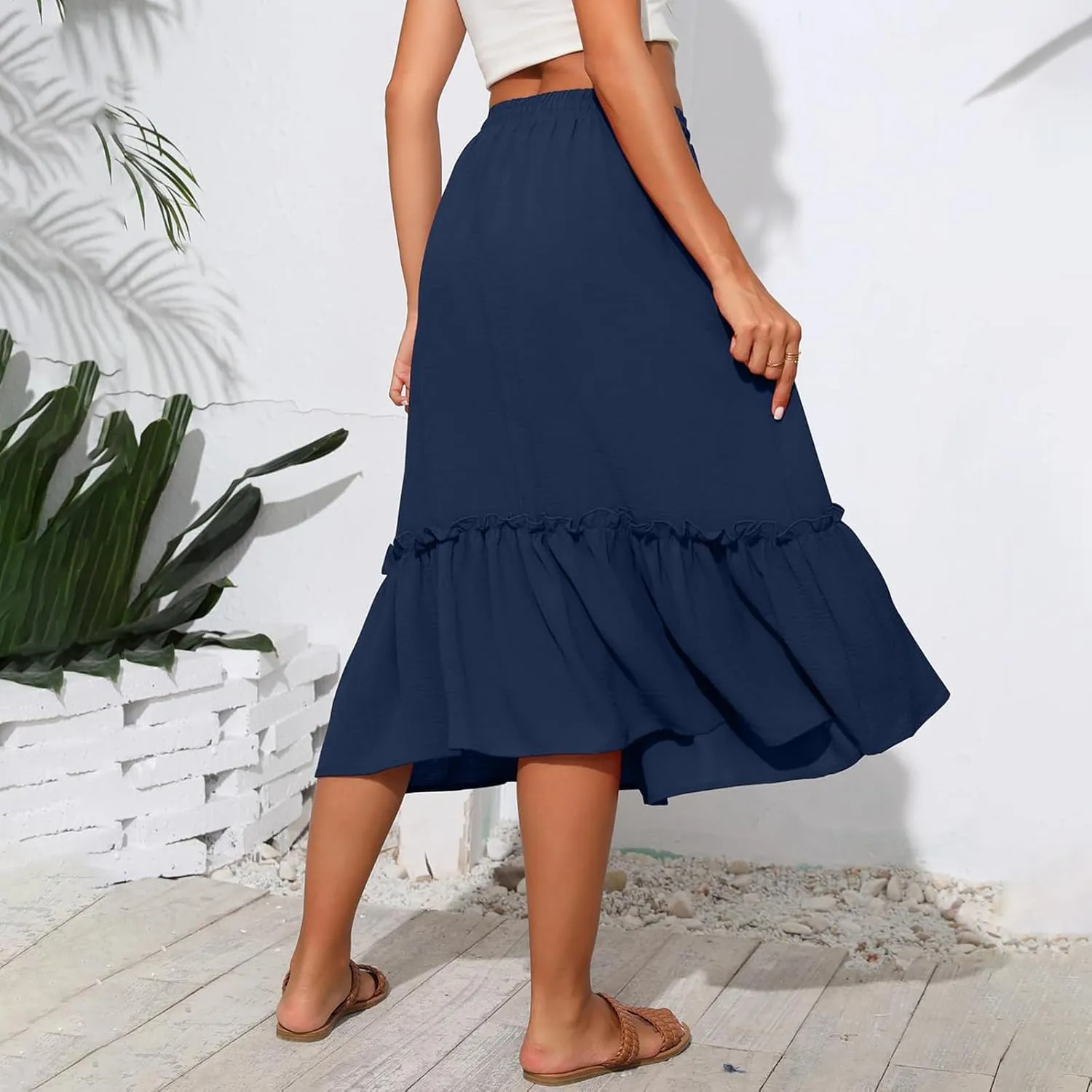 midelxp Casual Flowy Skirts for Women Drawstring High Waisted Tiered Midi Skirts Boho Swing A Line Skirts with Pockets