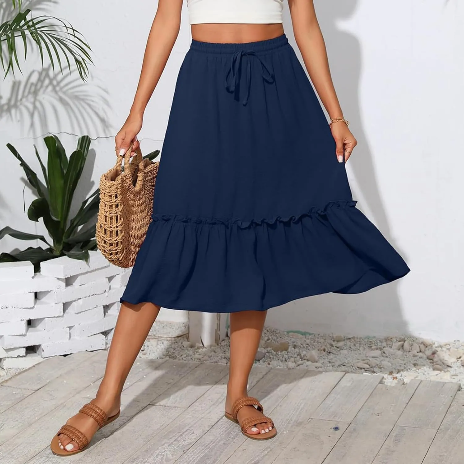 midelxp Casual Flowy Skirts for Women Drawstring High Waisted Tiered Midi Skirts Boho Swing A Line Skirts with Pockets