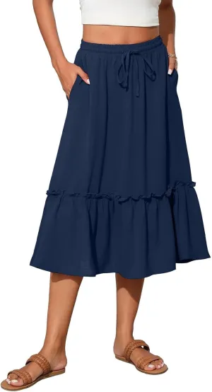 midelxp Casual Flowy Skirts for Women Drawstring High Waisted Tiered Midi Skirts Boho Swing A Line Skirts with Pockets