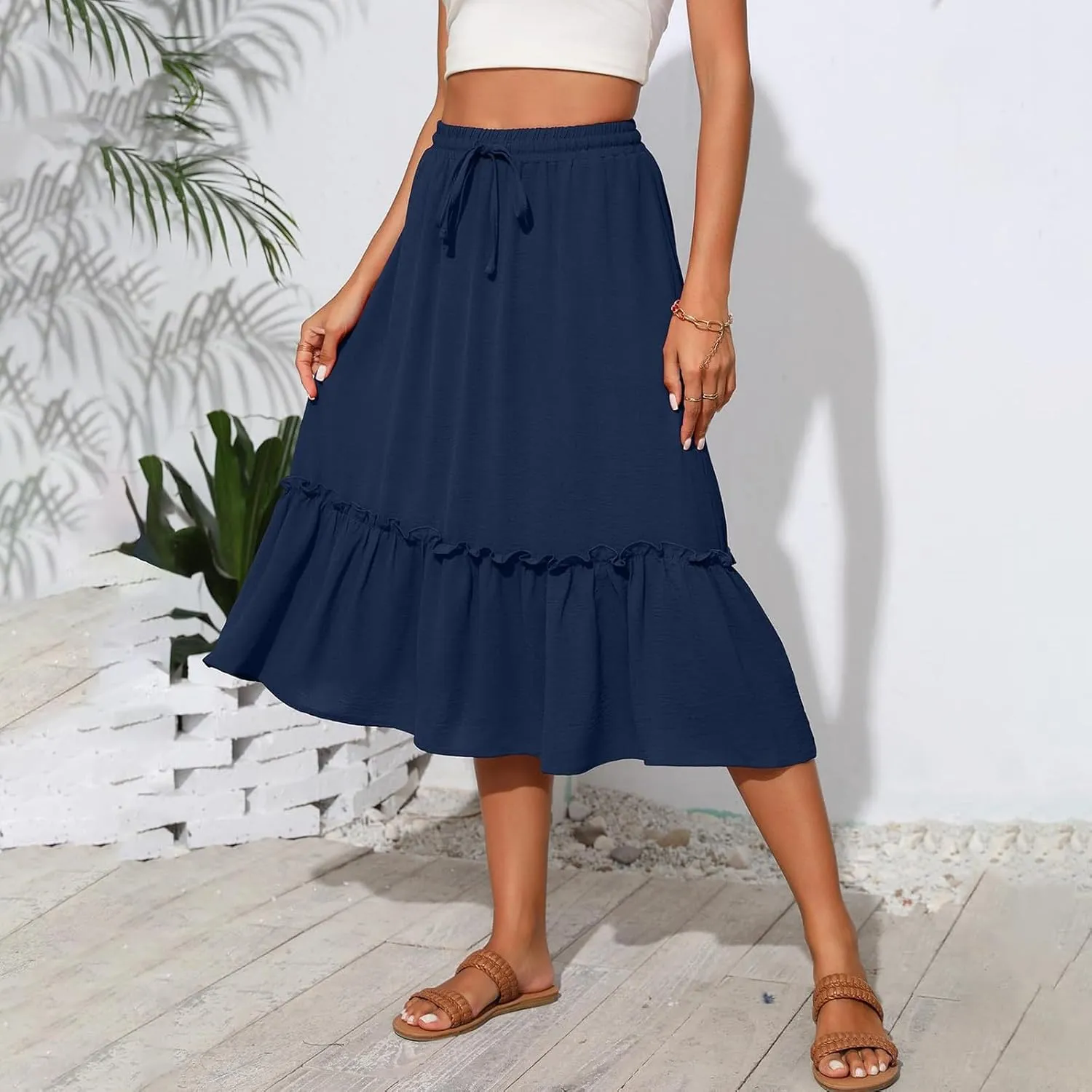 midelxp Casual Flowy Skirts for Women Drawstring High Waisted Tiered Midi Skirts Boho Swing A Line Skirts with Pockets