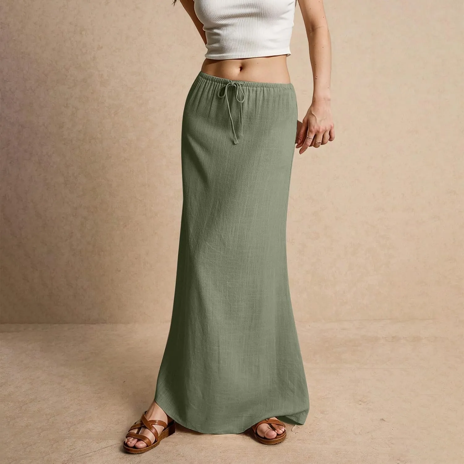 midelxp Linen Maxi Skirts for Women Trendy Summer Comfy Drawstring Waist A Line Skirts Cute Vacation Boho Long Flowy Skirts