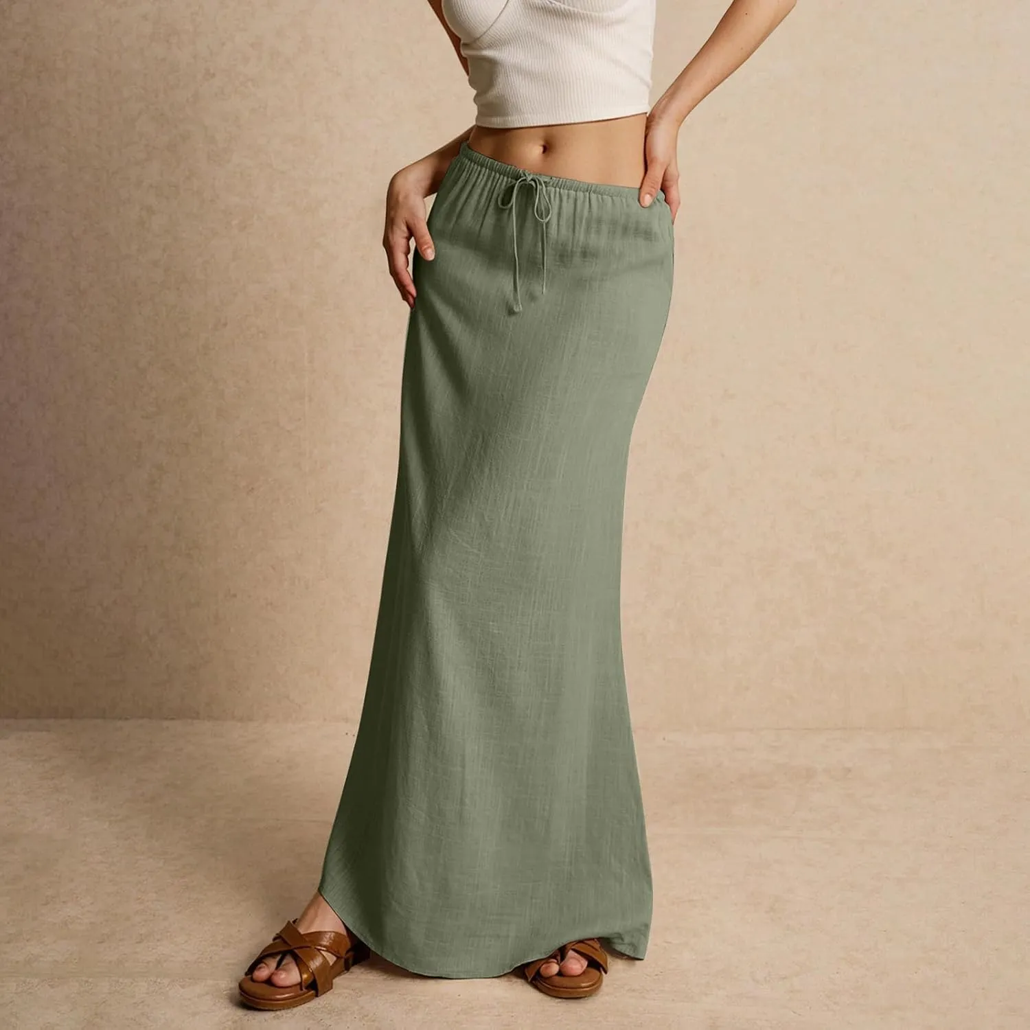 midelxp Linen Maxi Skirts for Women Trendy Summer Comfy Drawstring Waist A Line Skirts Cute Vacation Boho Long Flowy Skirts
