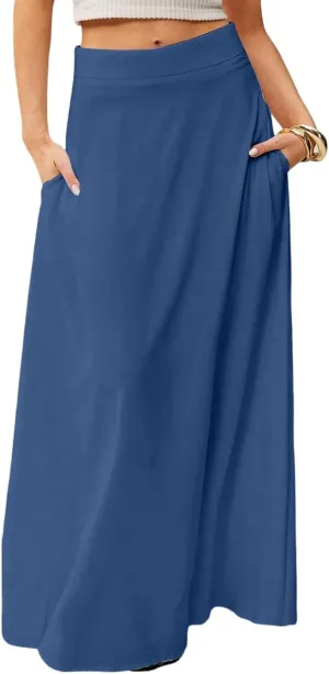 Midi Skirts for Women High Waisted Pleated A-Line Summer Swing Long Work Office with Pockets