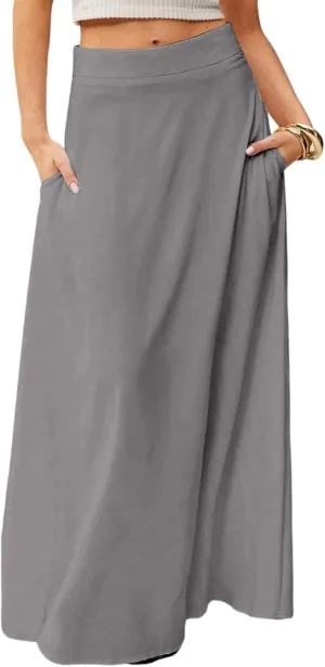Midi Skirts for Women High Waisted Pleated A-Line Summer Swing Long Work Office with Pockets