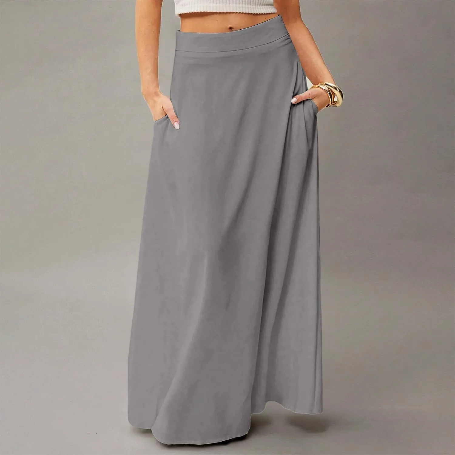 Midi Skirts for Women High Waisted Pleated A-Line Summer Swing Long Work Office with Pockets