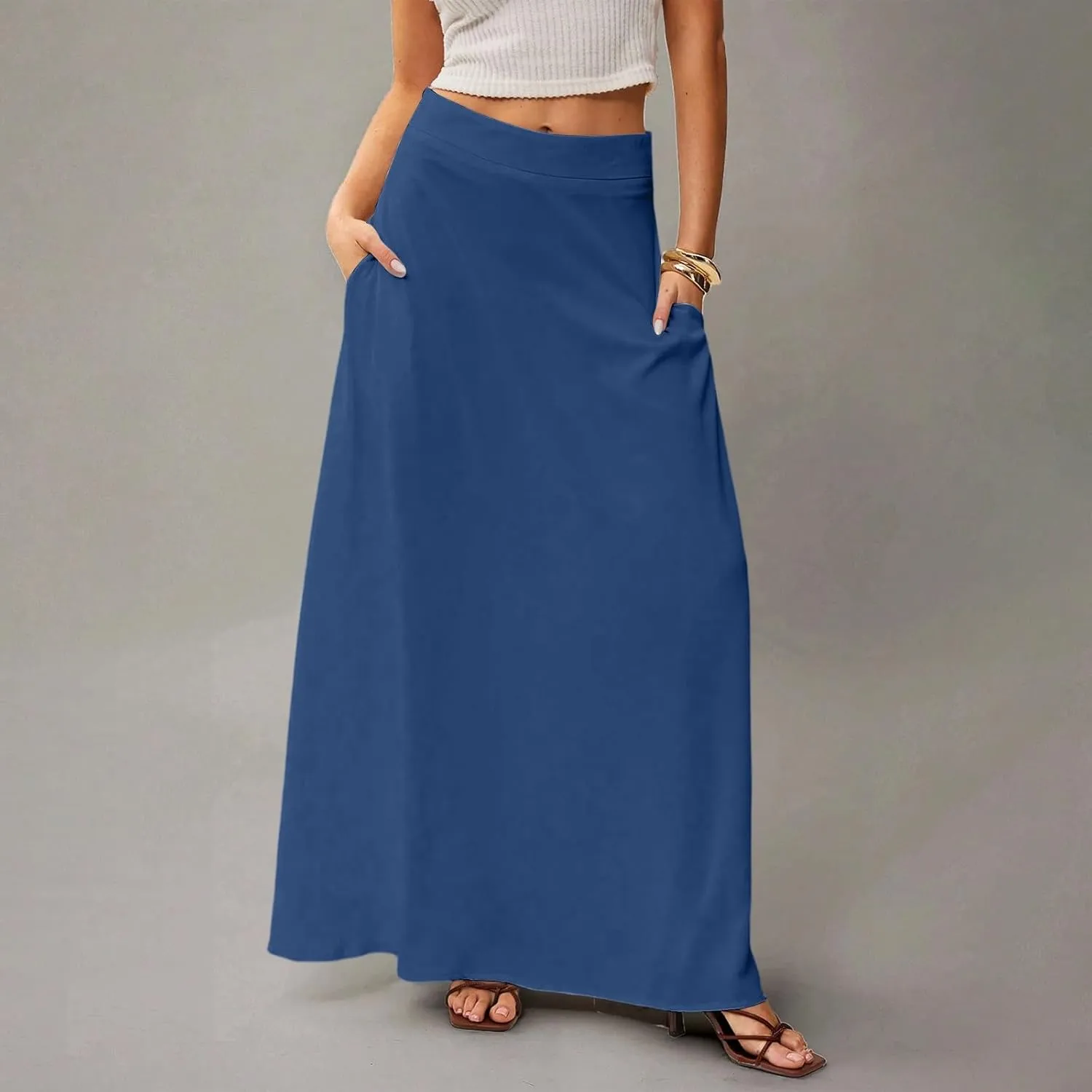 Midi Skirts for Women High Waisted Pleated A-Line Summer Swing Long Work Office with Pockets