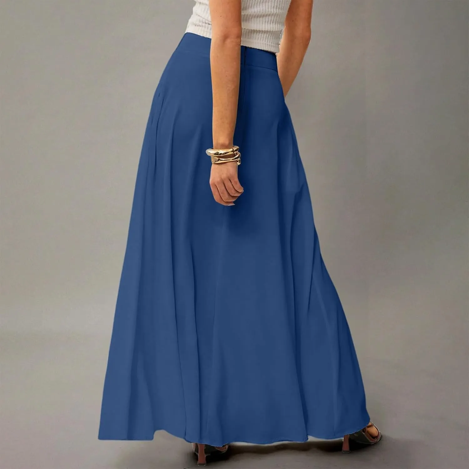 Midi Skirts for Women High Waisted Pleated A-Line Summer Swing Long Work Office with Pockets