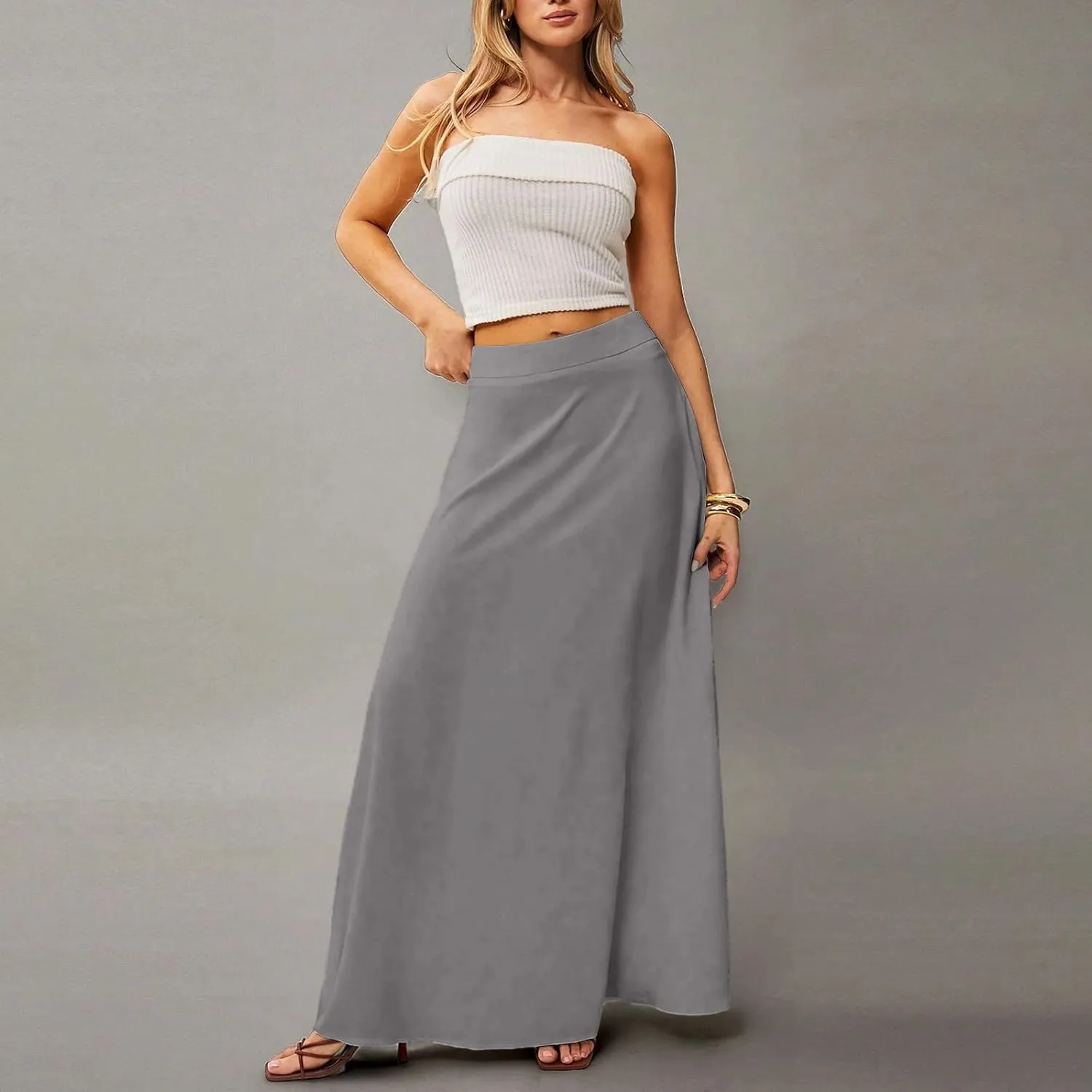 Midi Skirts for Women High Waisted Pleated A-Line Summer Swing Long Work Office with Pockets
