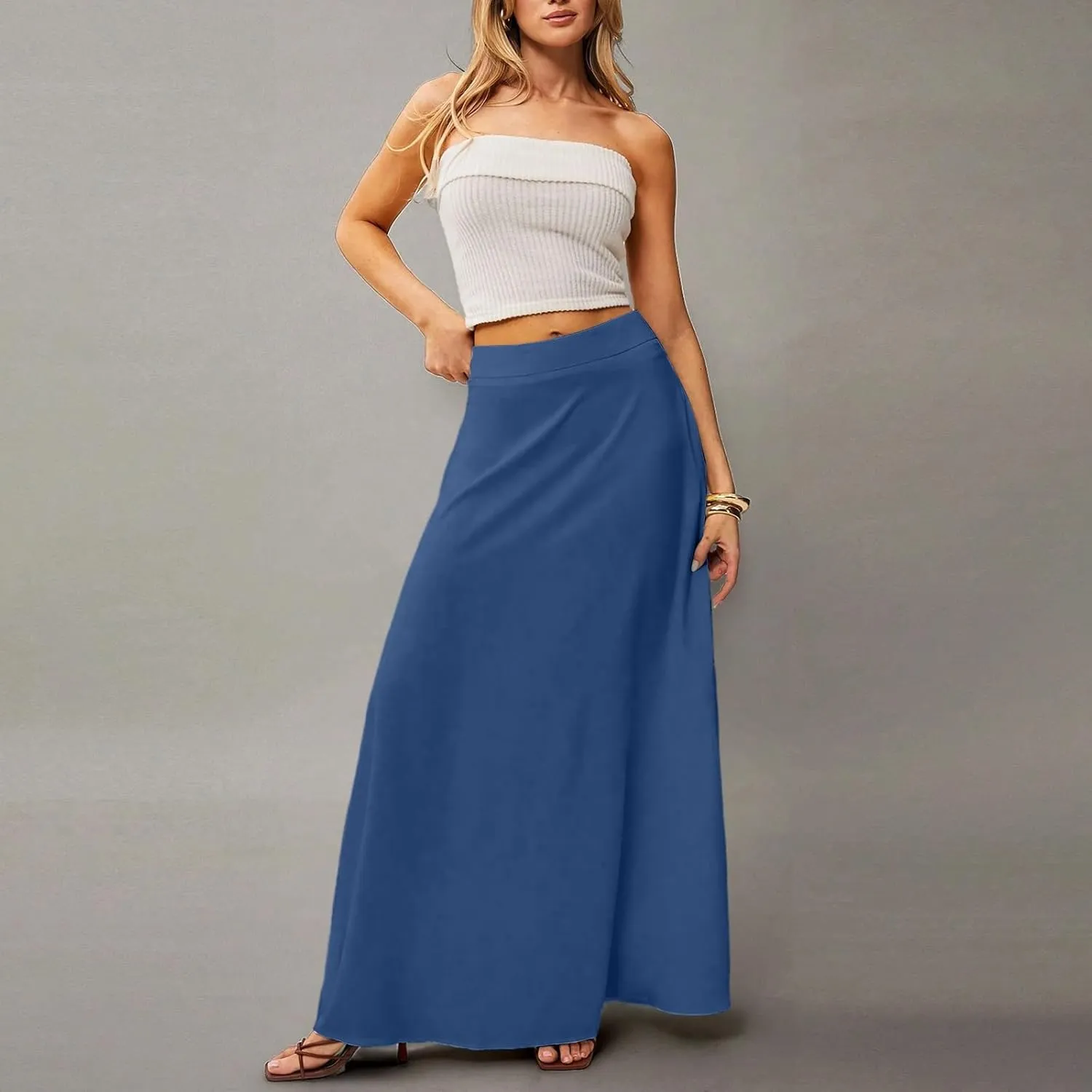 Midi Skirts for Women High Waisted Pleated A-Line Summer Swing Long Work Office with Pockets
