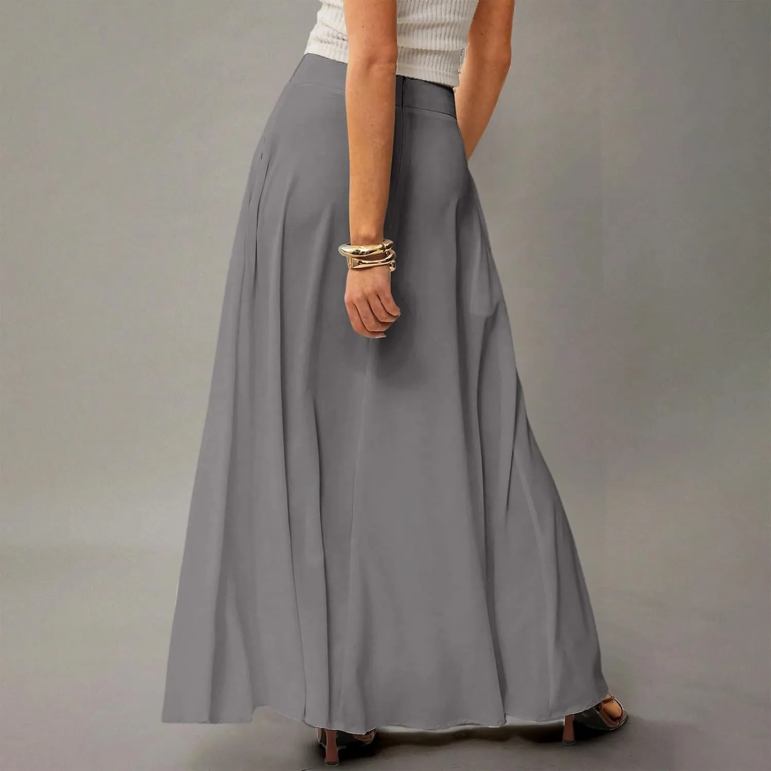 Midi Skirts for Women High Waisted Pleated A-Line Summer Swing Long Work Office with Pockets