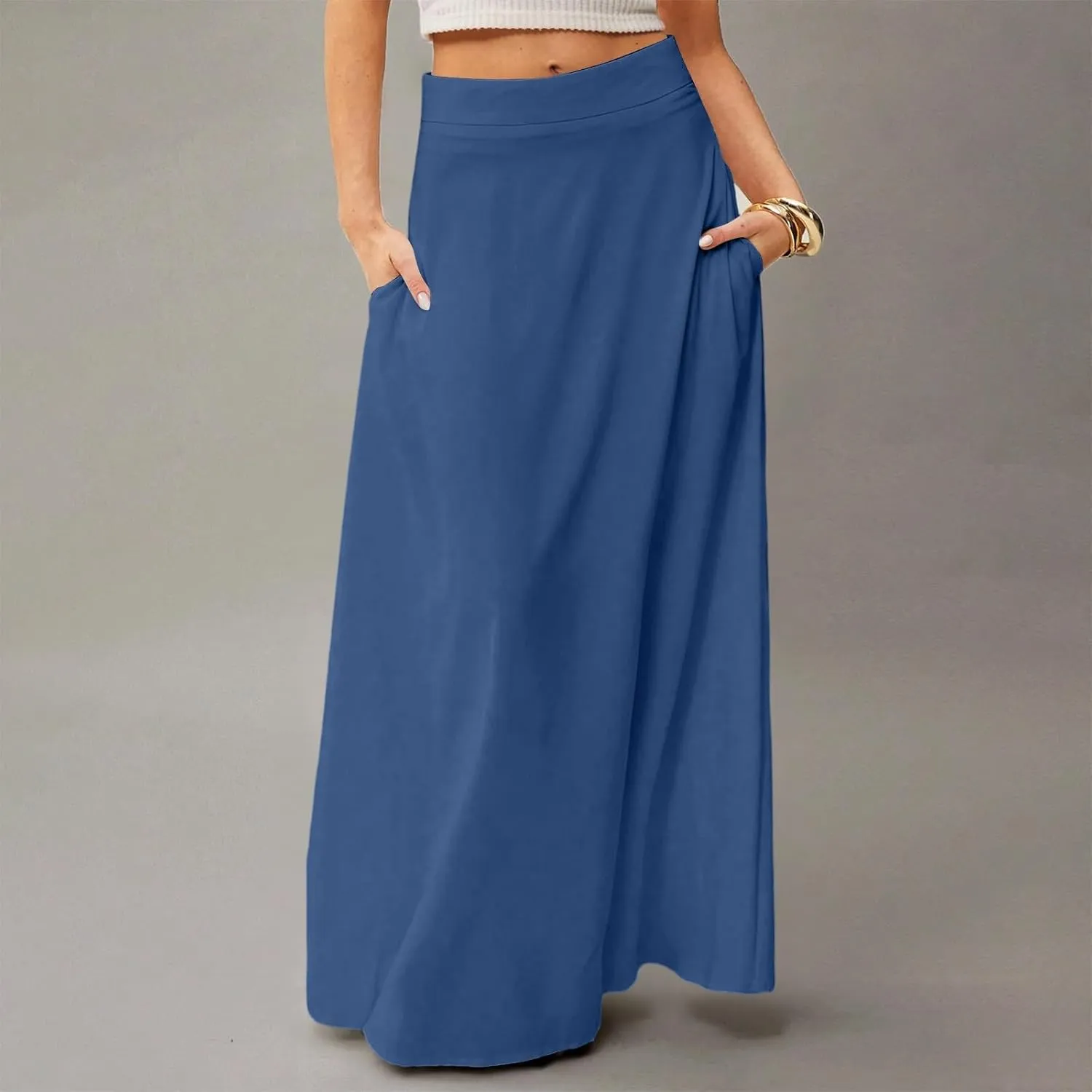 Midi Skirts for Women High Waisted Pleated A-Line Summer Swing Long Work Office with Pockets