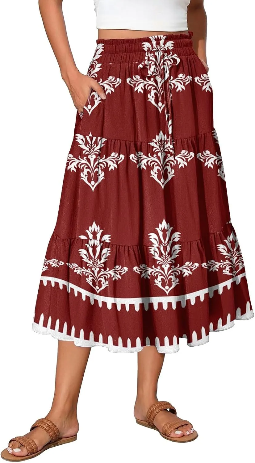 Midi Summer Skirts for Women Drawstring High Waist Knee Length Skirts A Line Floral Print Work Skirt with Pockets