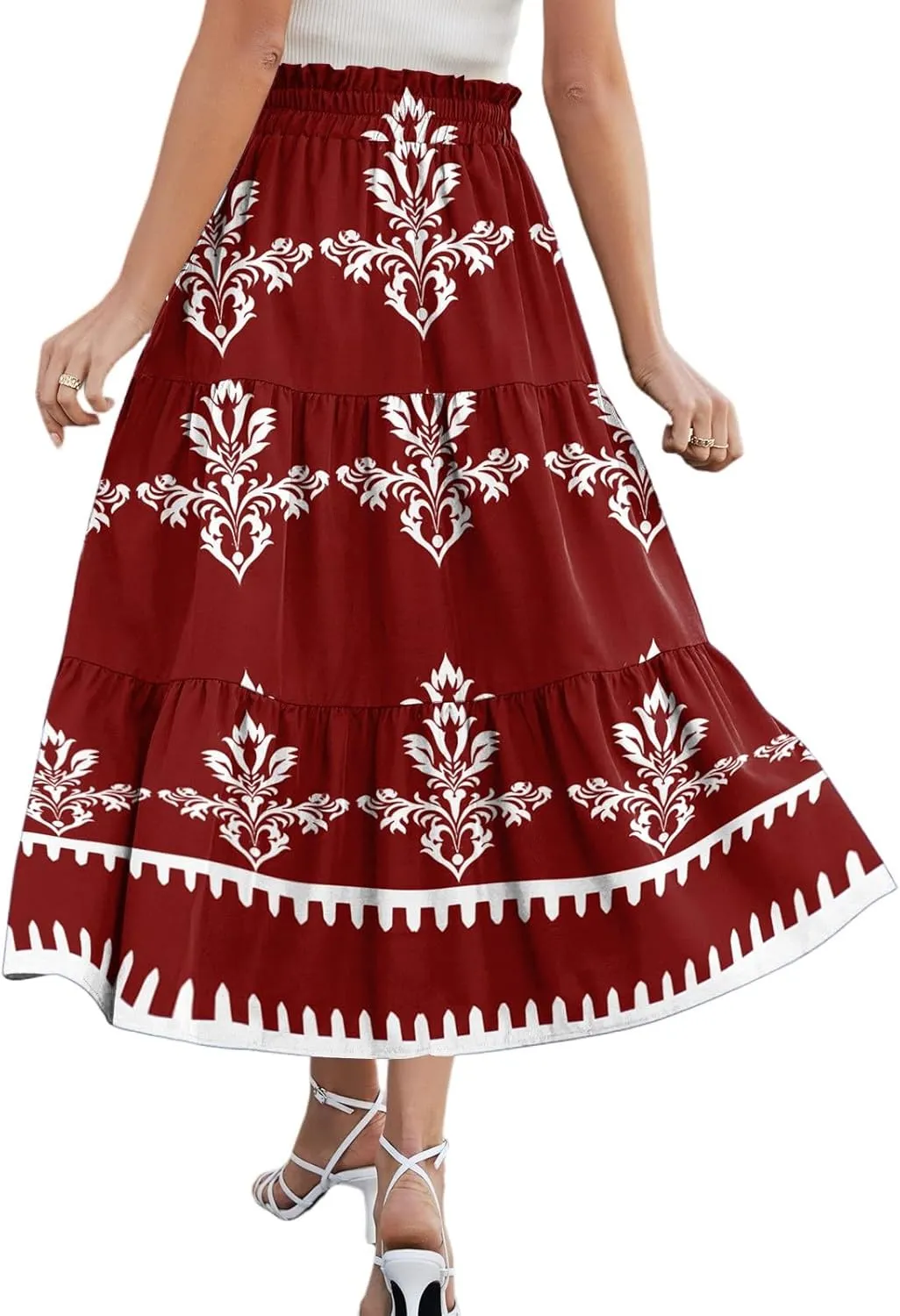 Midi Summer Skirts for Women Drawstring High Waist Knee Length Skirts A Line Floral Print Work Skirt with Pockets