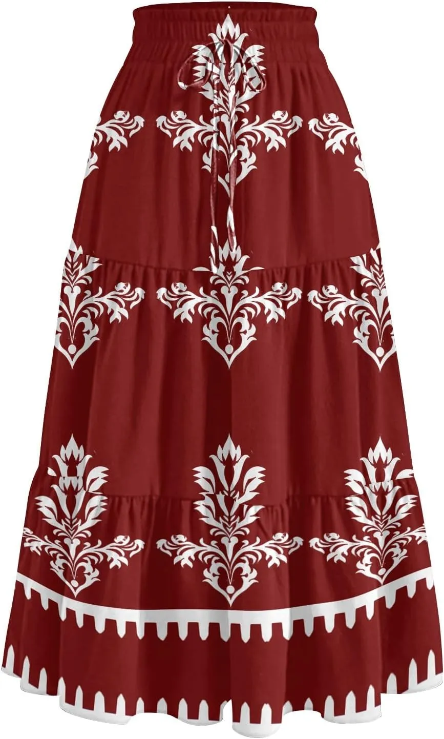 Midi Summer Skirts for Women Drawstring High Waist Knee Length Skirts A Line Floral Print Work Skirt with Pockets