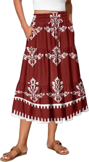 Midi Summer Skirts for Women Drawstring High Waist Knee Length Skirts A Line Floral Print Work Skirt with Pockets