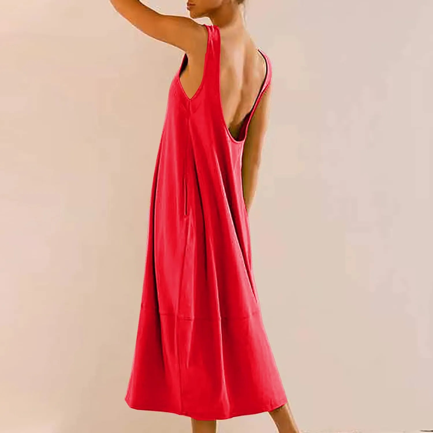 Midi Tank Dress with Pockets for Women Loose Scoop Neck Sleeveless Low Back Tshirt Dress Summer Casual Beach Sundresses