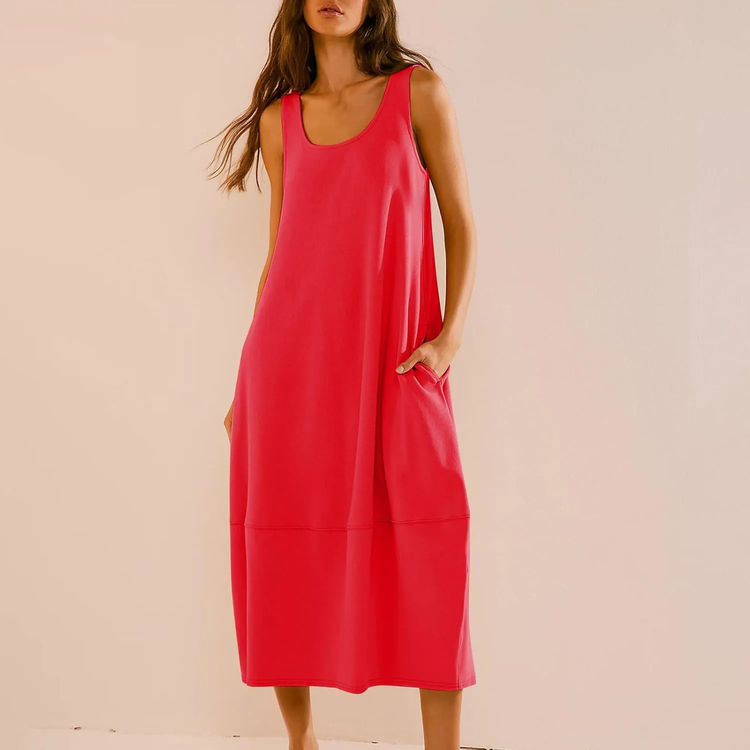 Midi Tank Dress with Pockets for Women Loose Scoop Neck Sleeveless Low Back Tshirt Dress Summer Casual Beach Sundresses