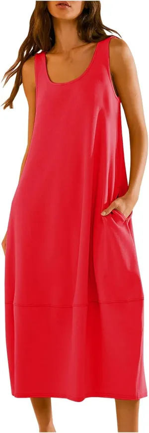Midi Tank Dress with Pockets for Women Loose Scoop Neck Sleeveless Low Back Tshirt Dress Summer Casual Beach Sundresses