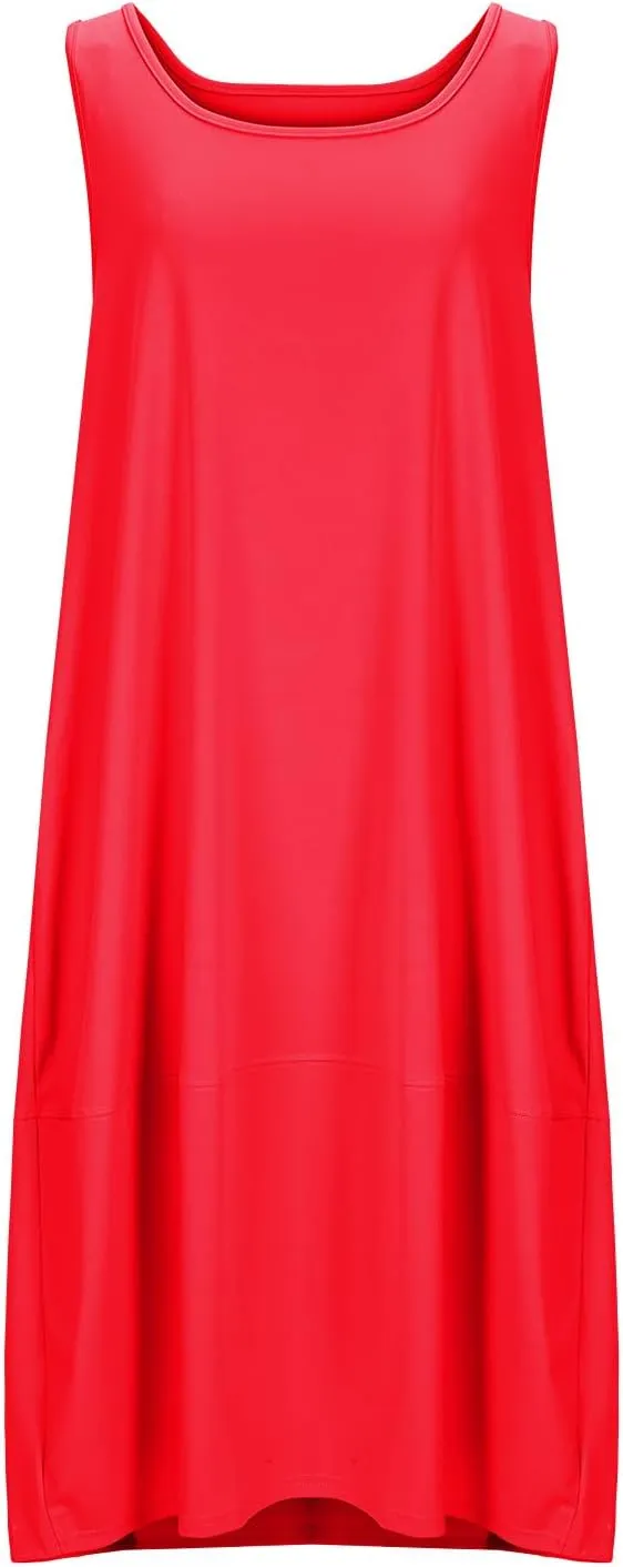Midi Tank Dress with Pockets for Women Loose Scoop Neck Sleeveless Low Back Tshirt Dress Summer Casual Beach Sundresses