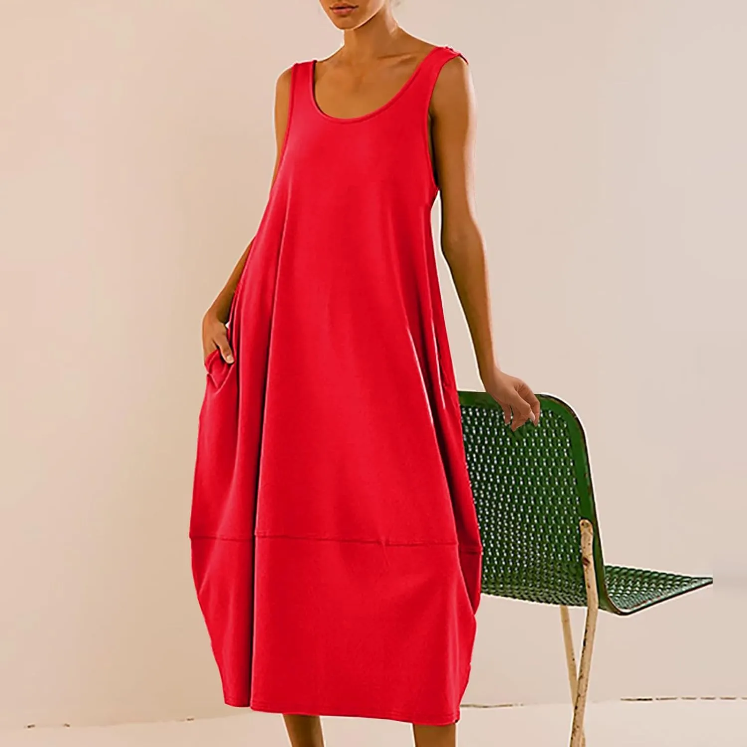 Midi Tank Dress with Pockets for Women Loose Scoop Neck Sleeveless Low Back Tshirt Dress Summer Casual Beach Sundresses