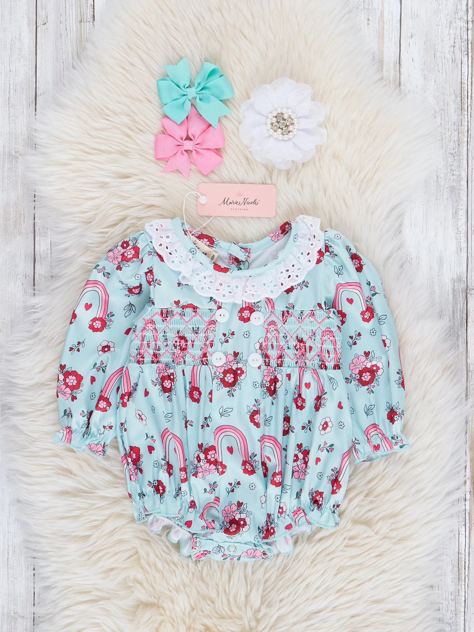 Mint Lace & Floral Rainbow Smocked Ruffle Bubble