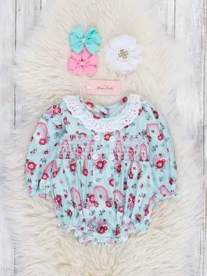 Mint Lace & Floral Rainbow Smocked Ruffle Bubble