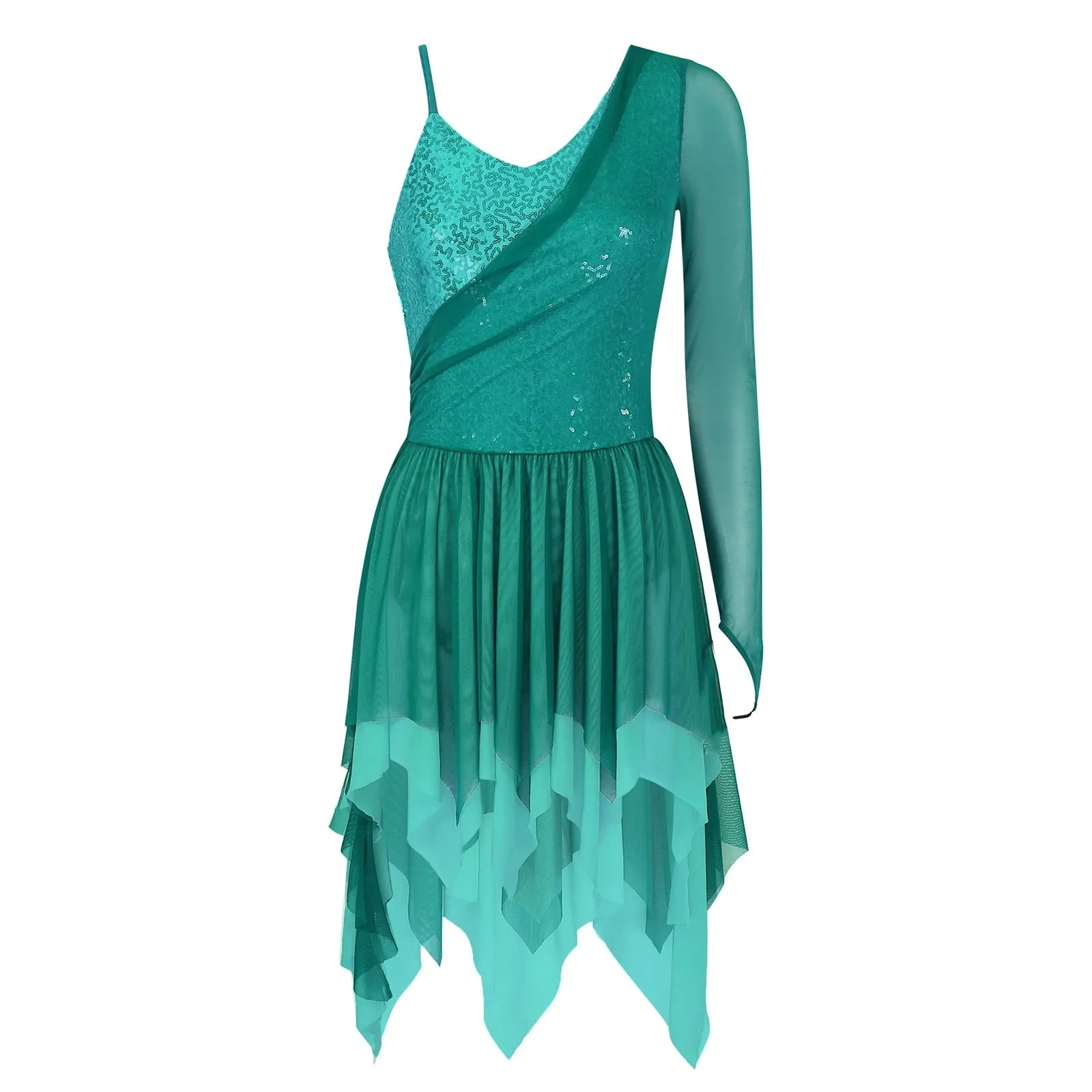 Modern Ballroom Lyrical Dance Dress One Shoulder Sequins Asymmetrical Hem Skating Costumes
