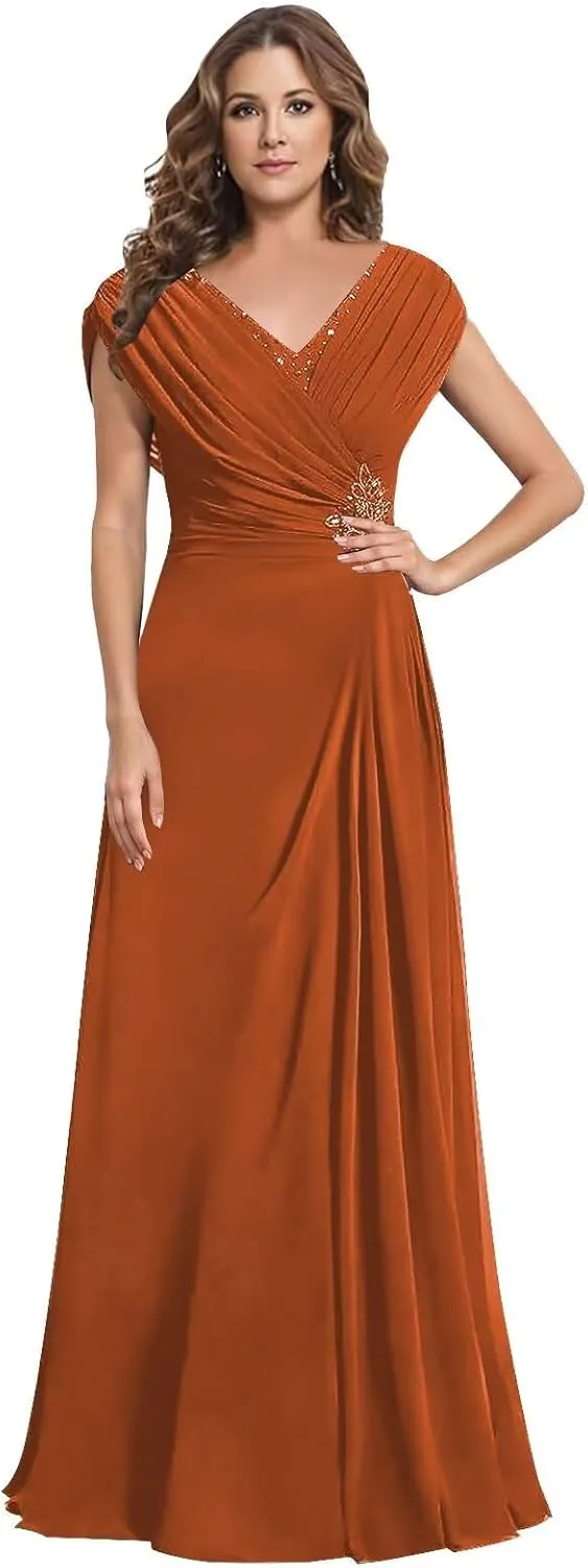 Modest Mother of The Bride Dresses for Women V Neck Cap Sleeve A Line Corset Back Appliqued Long Formal Gown