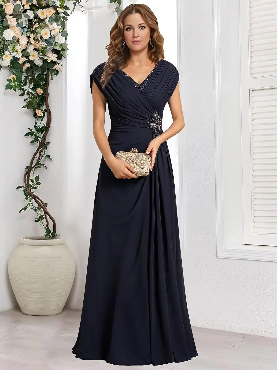 Modest Mother of The Bride Dresses for Women V Neck Cap Sleeve A Line Corset Back Appliqued Long Formal Gown