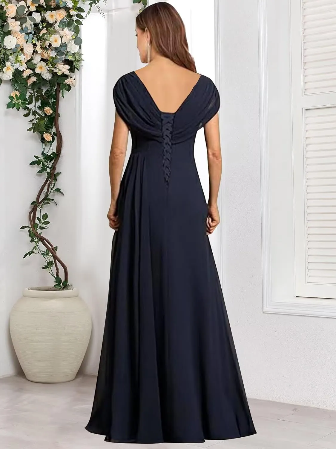 Modest Mother of The Bride Dresses for Women V Neck Cap Sleeve A Line Corset Back Appliqued Long Formal Gown