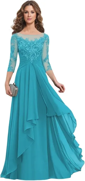 Monvelli Lace Appliques Mother of The Bride Dresses with Pockets 3/4 Sleeve Ruffle Pleated Long Formal Evening Gowns