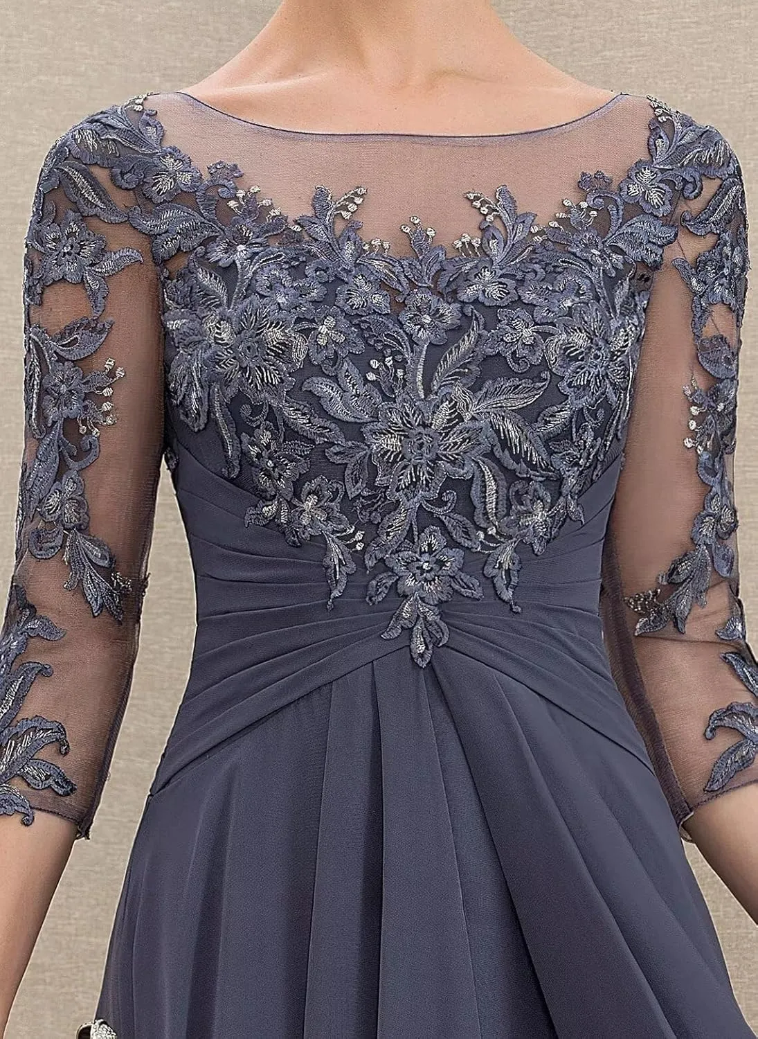 Monvelli Lace Appliques Mother of The Bride Dresses with Pockets 3/4 Sleeve Ruffle Pleated Long Formal Evening Gowns