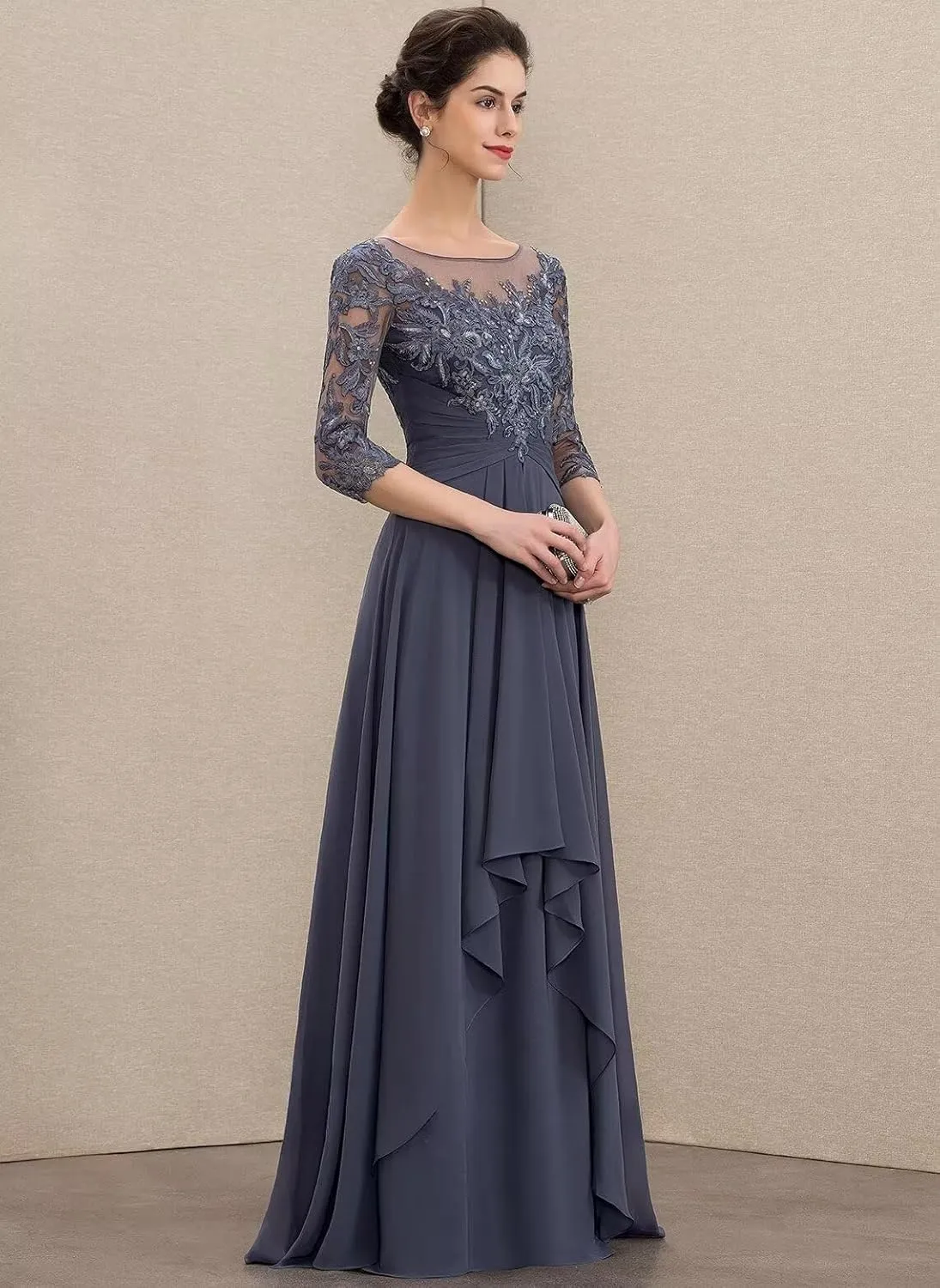 Monvelli Lace Appliques Mother of The Bride Dresses with Pockets 3/4 Sleeve Ruffle Pleated Long Formal Evening Gowns