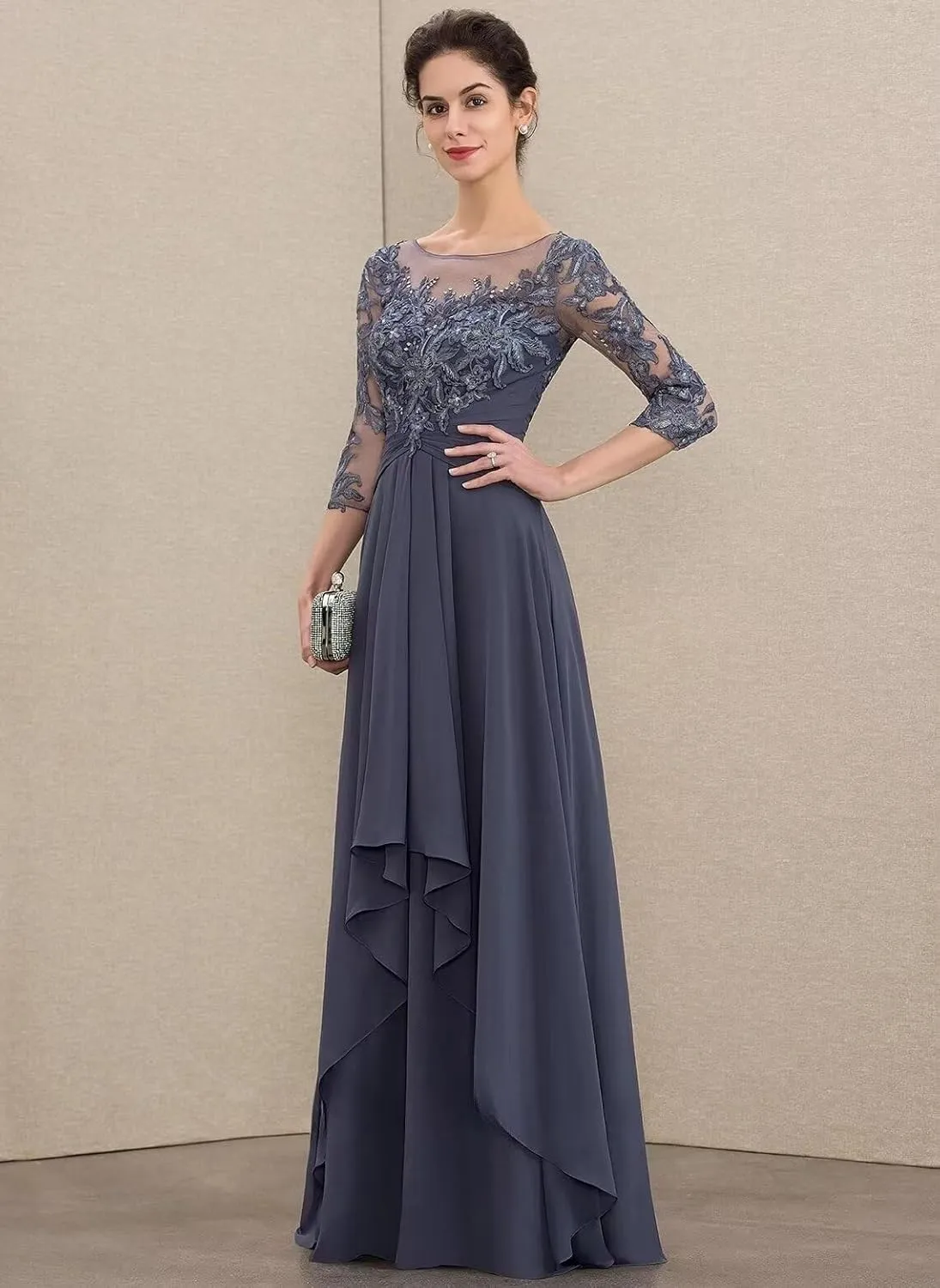 Monvelli Lace Appliques Mother of The Bride Dresses with Pockets 3/4 Sleeve Ruffle Pleated Long Formal Evening Gowns