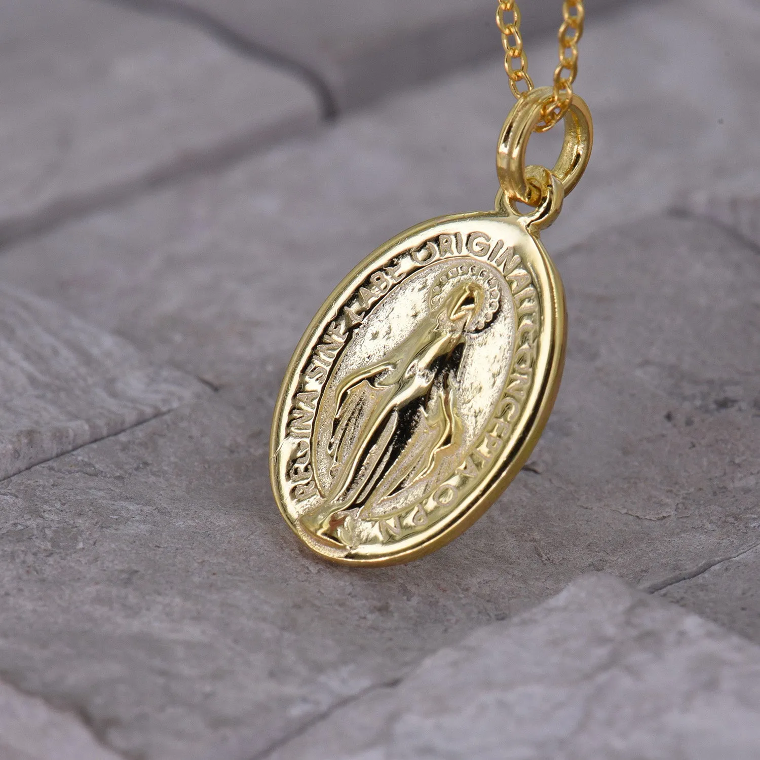Mother of God Oval Pendant Necklace [Catholic Medallion] - Virgin Mary - [.925 with 18K]