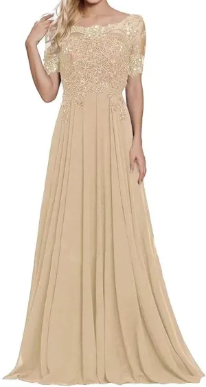 Mother of The Bride Dress 1/2 Sleeves Lace Appliques Long Chiffon Prom Dresses for Women's Formal Wedding Party Growns