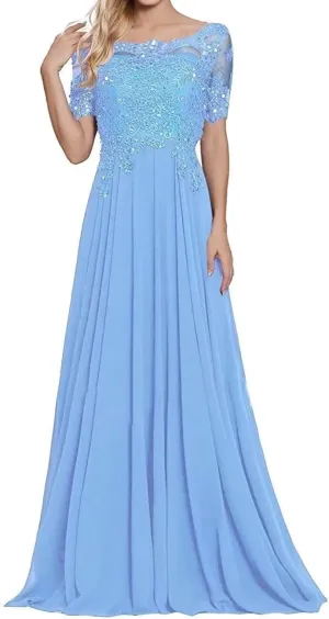 Mother of The Bride Dress 1/2 Sleeves Lace Appliques Long Chiffon Prom Dresses for Women's Formal Wedding Party Growns
