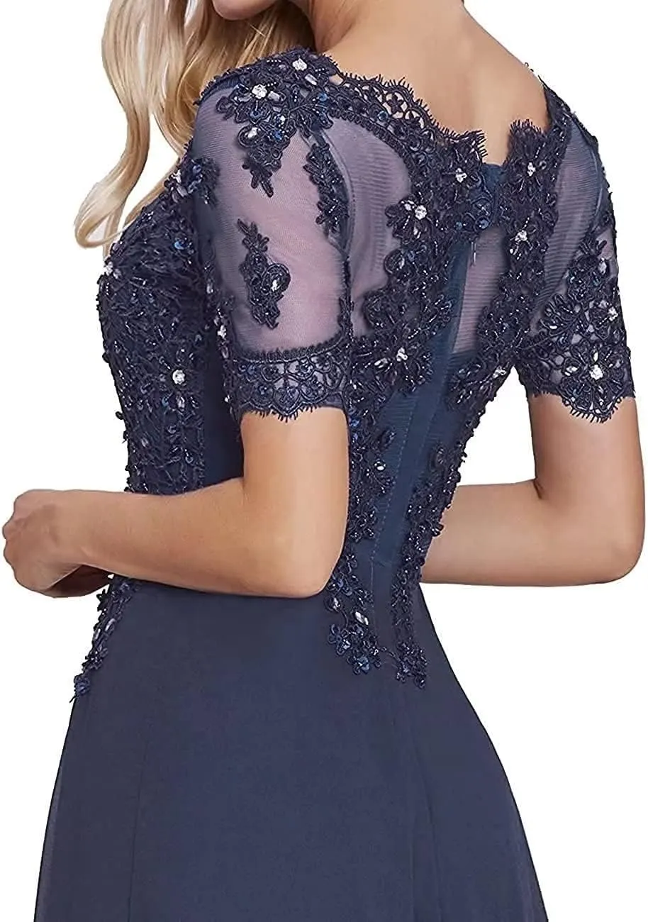 Mother of The Bride Dress 1/2 Sleeves Lace Appliques Long Chiffon Prom Dresses for Women's Formal Wedding Party Growns