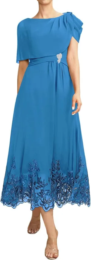 Mother of The Bride Dresses Chiffon Wedding Guest Dresses for Women Formal Evening Dresses with Sleeves Tea Length