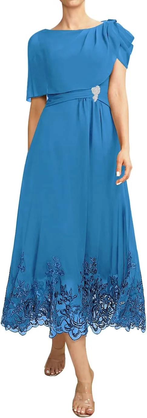 Mother of The Bride Dresses Chiffon Wedding Guest Dresses for Women Formal Evening Dresses with Sleeves Tea Length
