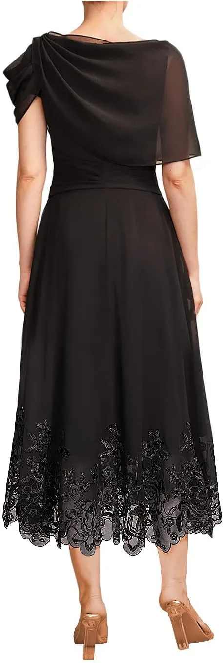 Mother of The Bride Dresses Chiffon Wedding Guest Dresses for Women Formal Evening Dresses with Sleeves Tea Length