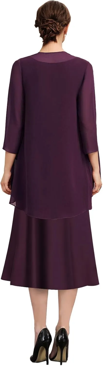 Mother of The Bride Dresses for Wedding Chiffon Lace Formal Evening Dresses Tea Length Grandmother Dresses with Jacket