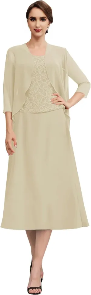 Mother of The Bride Dresses for Wedding Chiffon Lace Formal Evening Dresses Tea Length Grandmother Dresses with Jacket