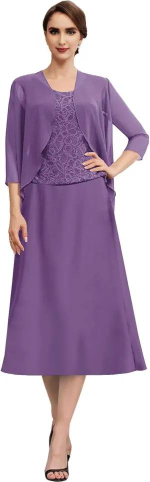 Mother of The Bride Dresses for Wedding Chiffon Lace Formal Evening Dresses Tea Length Grandmother Dresses with Jacket