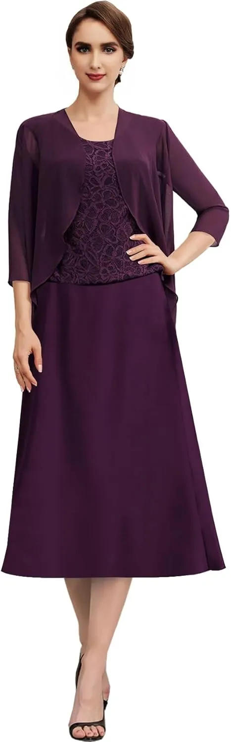 Mother of The Bride Dresses for Wedding Chiffon Lace Formal Evening Dresses Tea Length Grandmother Dresses with Jacket