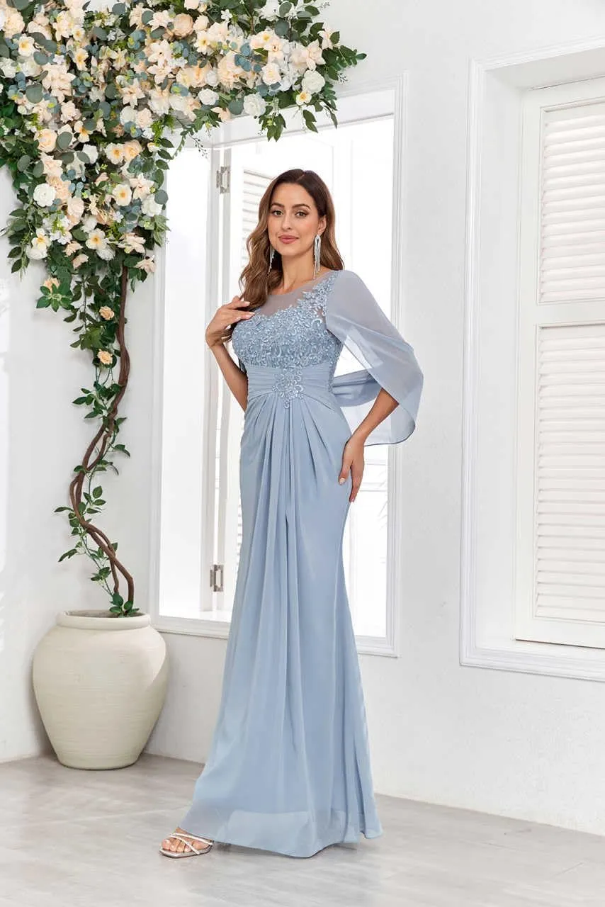 Mother of The Bride Dresses for Wedding Scoop Neck Fitted Beautiful Lace Chiffon Formal Dress with Shawl