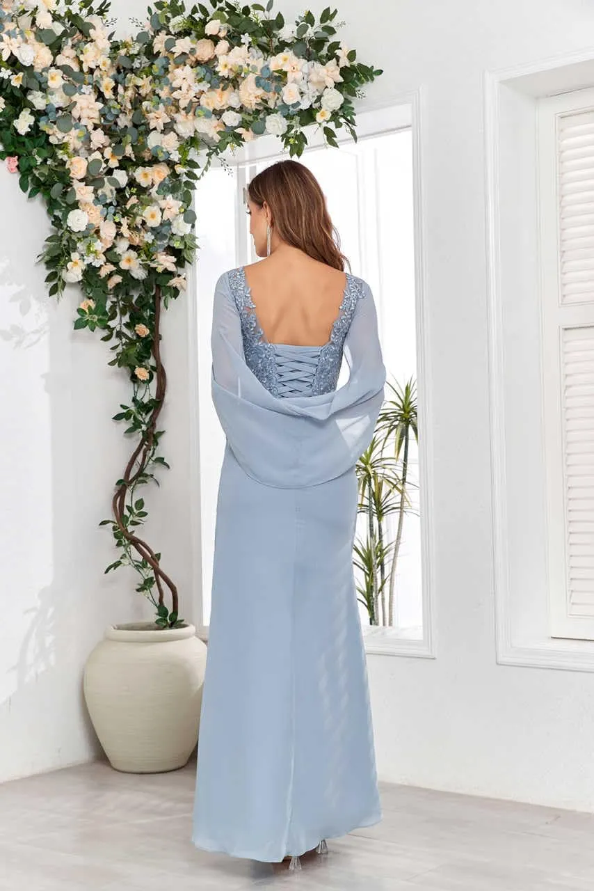 Mother of The Bride Dresses for Wedding Scoop Neck Fitted Beautiful Lace Chiffon Formal Dress with Shawl